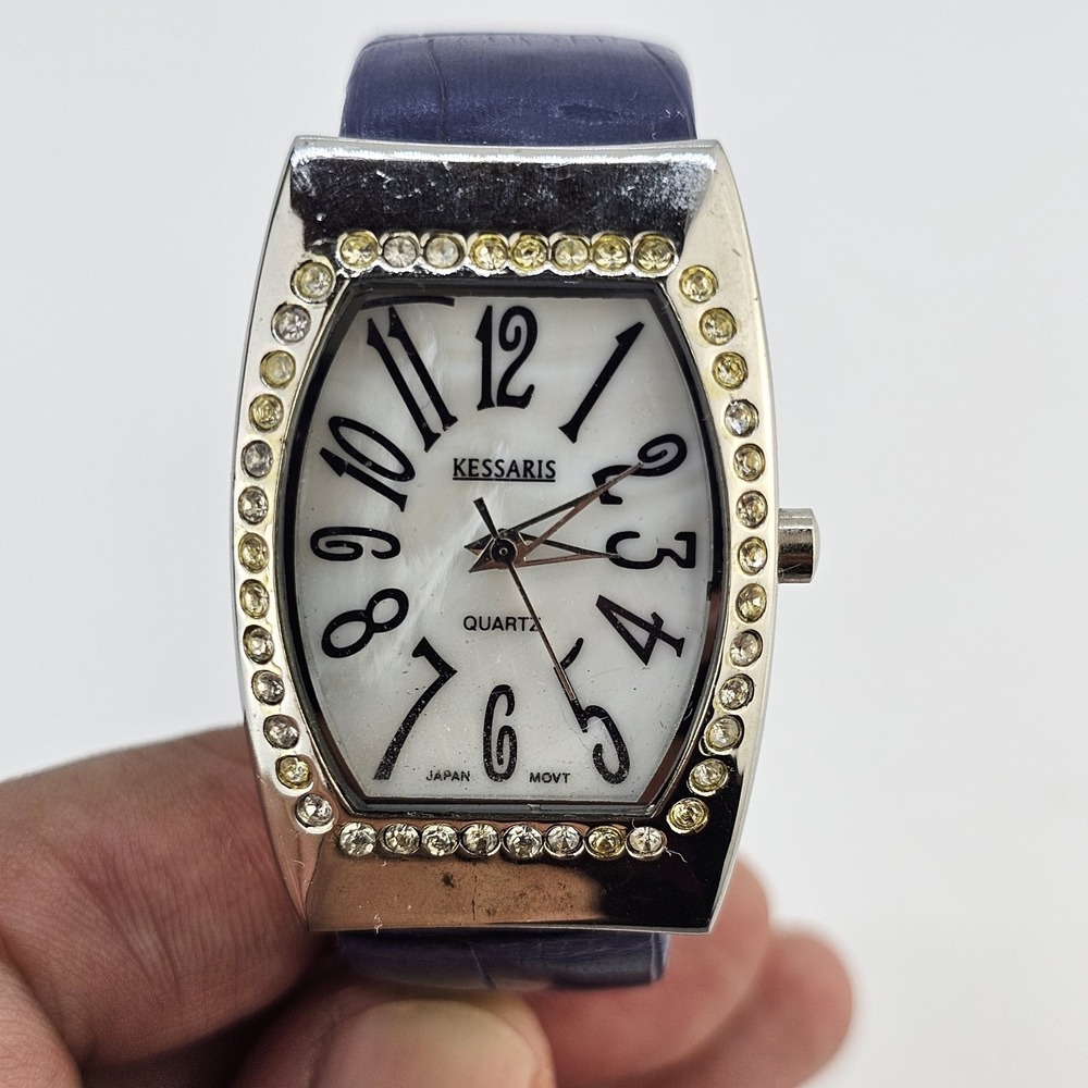 Kessaris Women Cuff Watch 28MM White Dial Purple Bracelet Bands 5.5" NEW Battery